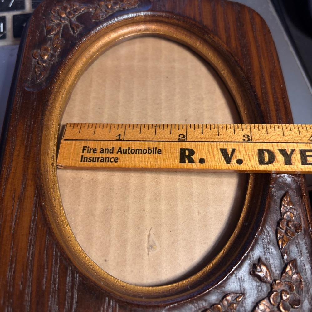Vintage Carved Wood Floral Picture Frame Oval Opening Cottagecore Brown Gold 3x4